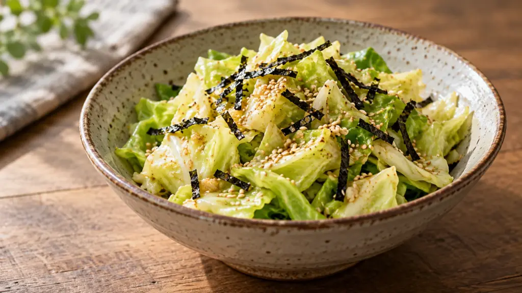 Yamitsuki cabbage with sesame seeds and nori in a ceramic bowl