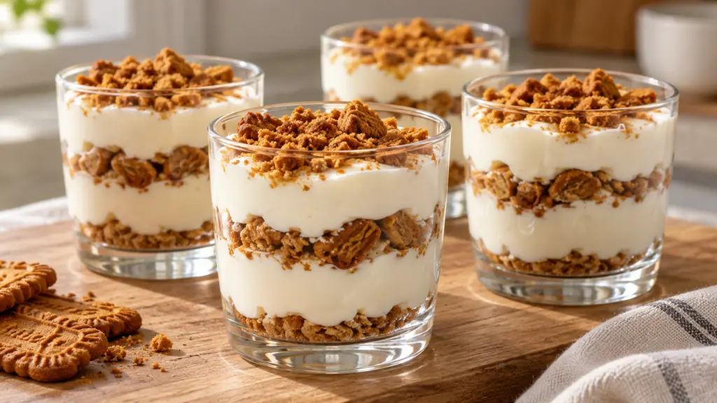 Yogurt biscuit cups layered with plain Greek yogurt and speculoos pieces