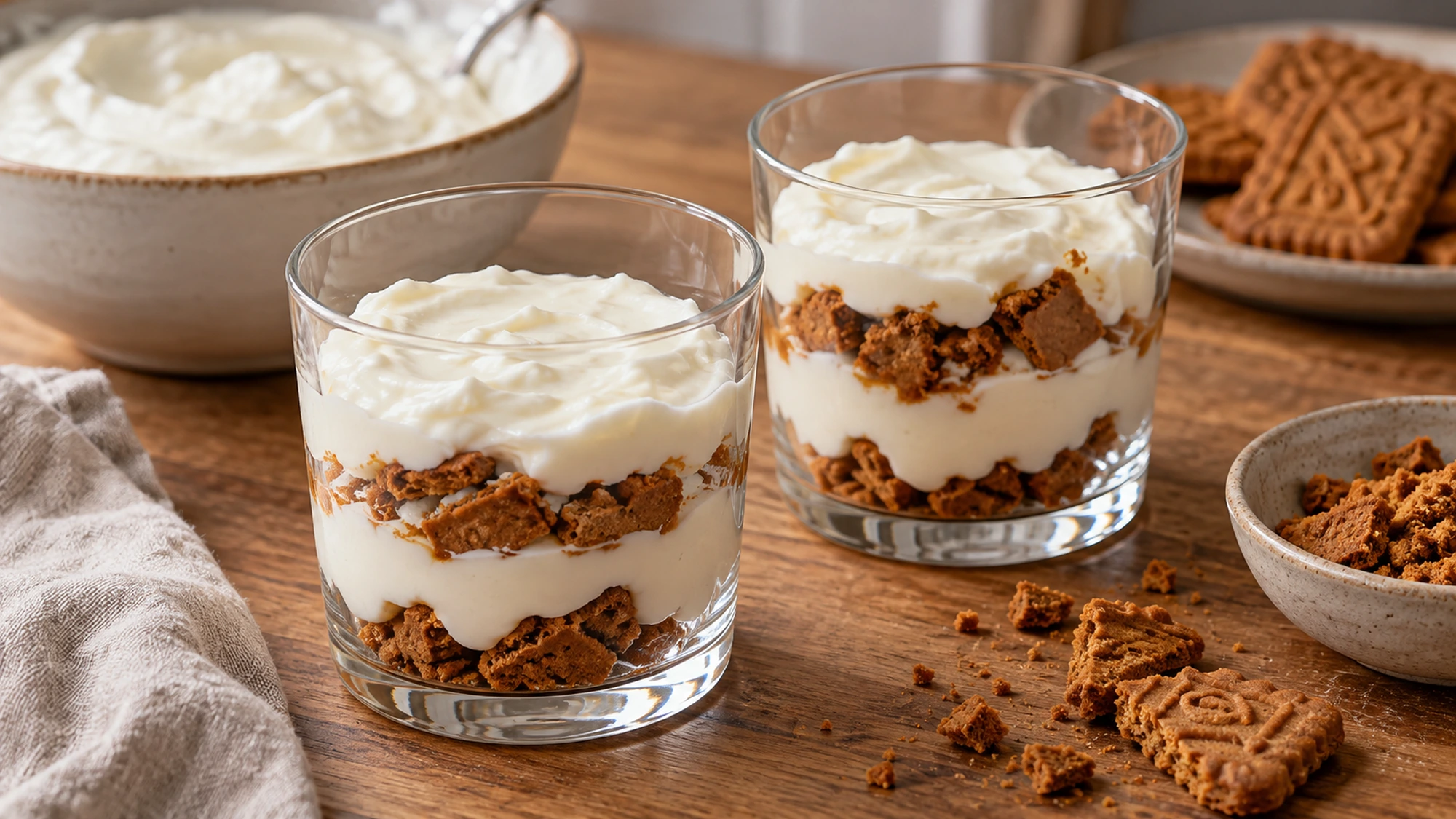Biscuit pieces and Greek yogurt being layered for yogurt biscuit cups