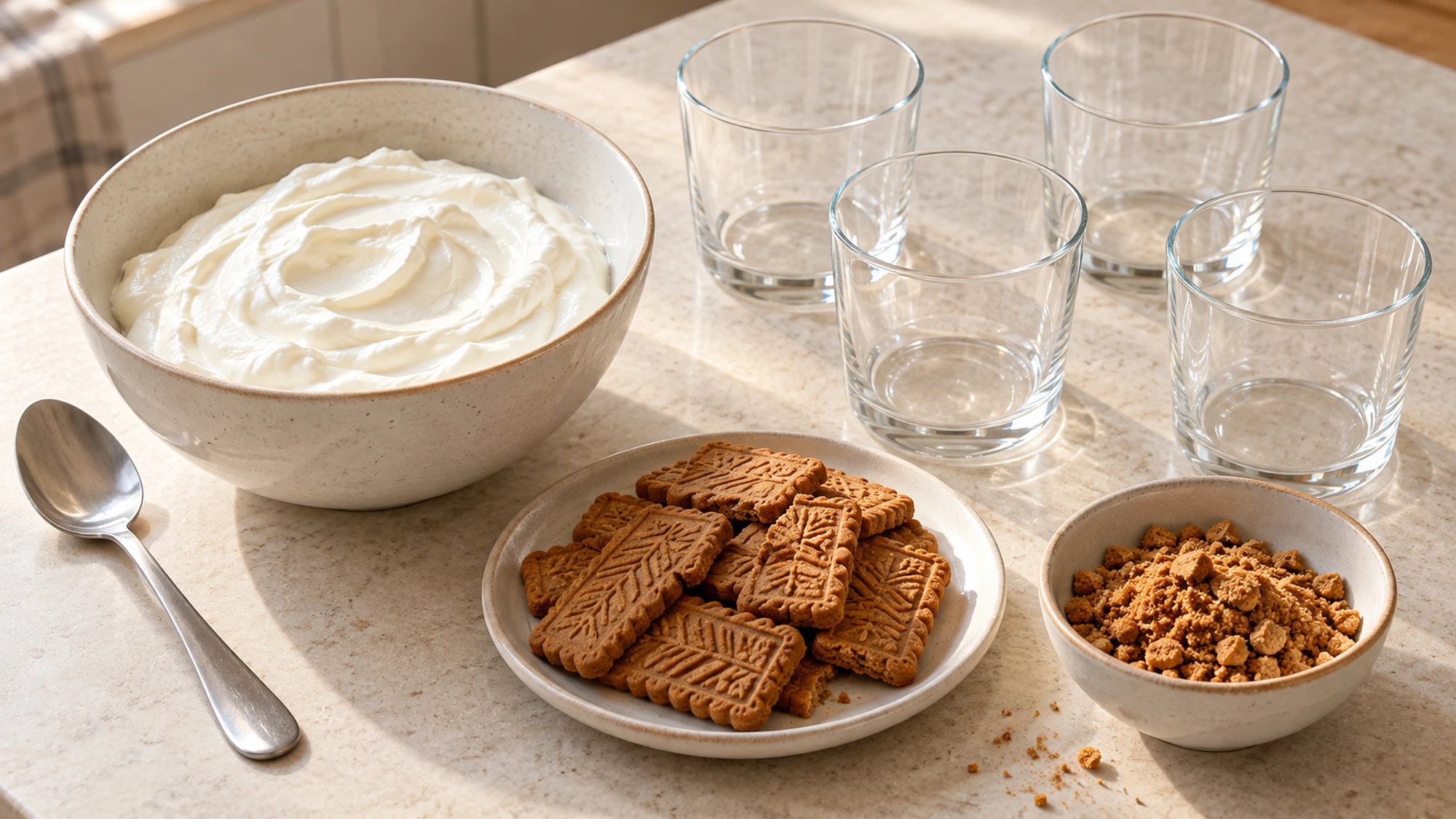 Thick yogurt, speculoos biscuits, and clean glasses ready for yogurt biscuit cups