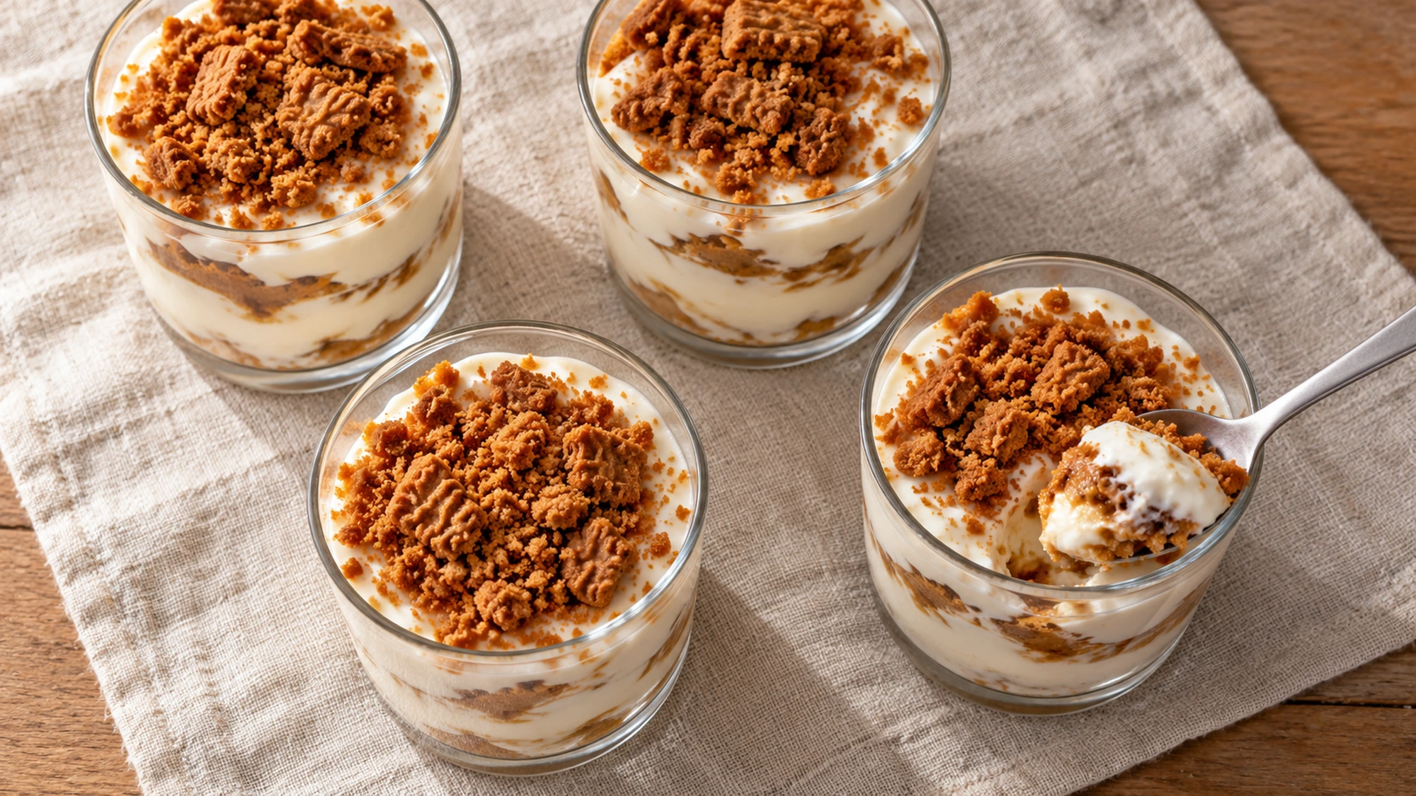 Chilled yogurt biscuit cups with a fresh cookie crumble and a spoonful lifted