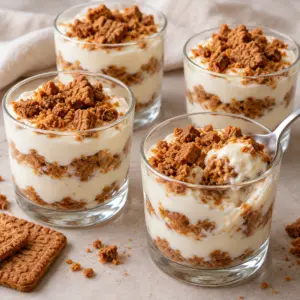 Yogurt biscuit cups with soft layers beneath a crisp speculoos topping