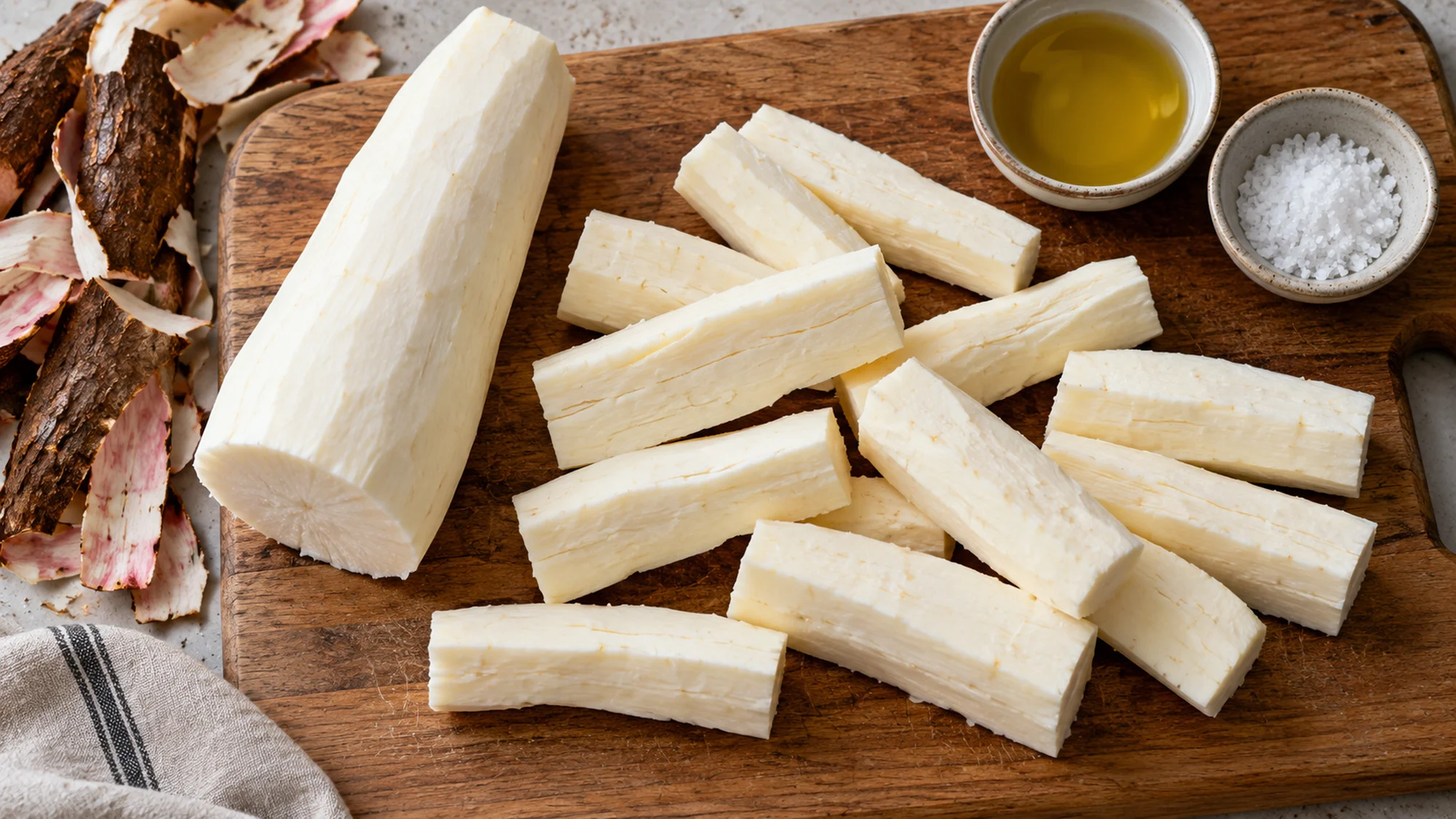 Peeled white sweet yuca cut into batons beside oil and salt