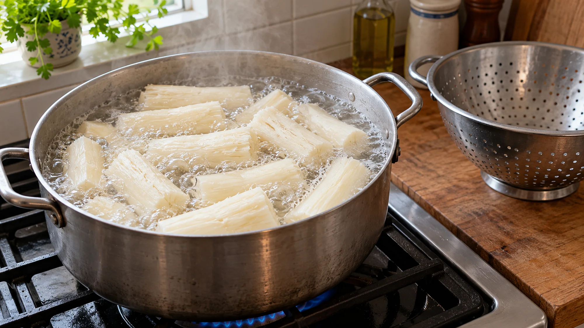 Peeled yuca batons boiling in a saucepan of water