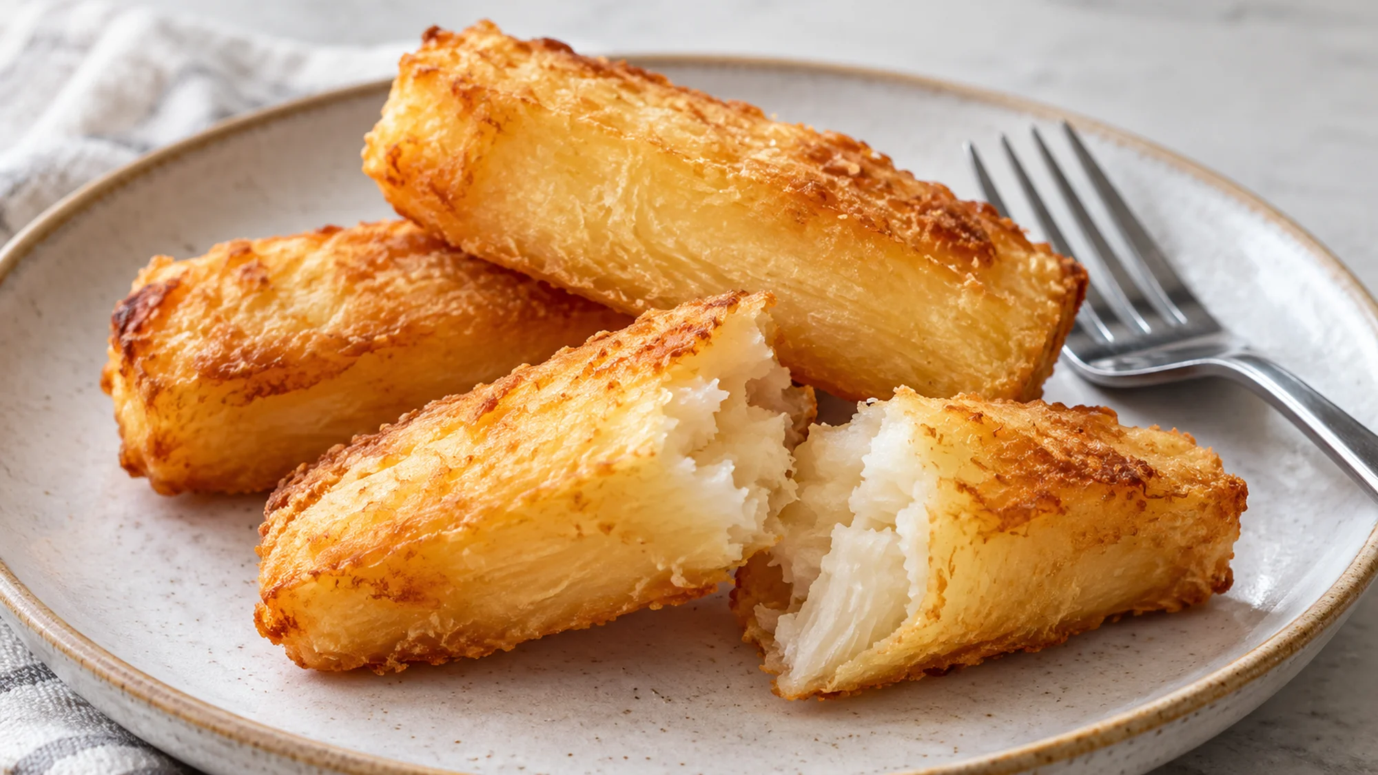Yuca fries with a broken piece showing the fluffy white center