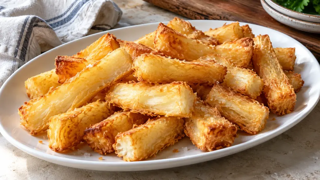 Golden yuca fries with rough crisp edges on a white platter