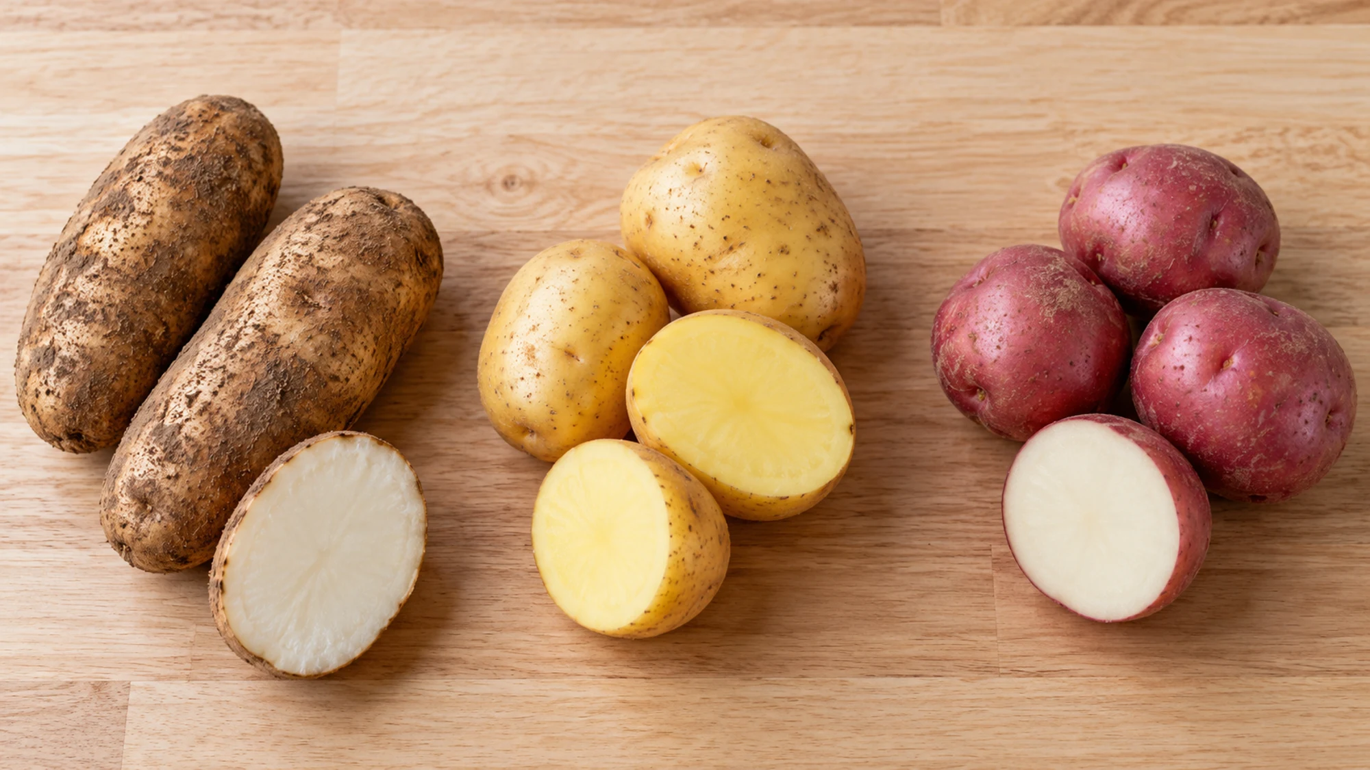 Yukon Gold potatoes with yellow flesh between brown russets and red-skinned potatoes
