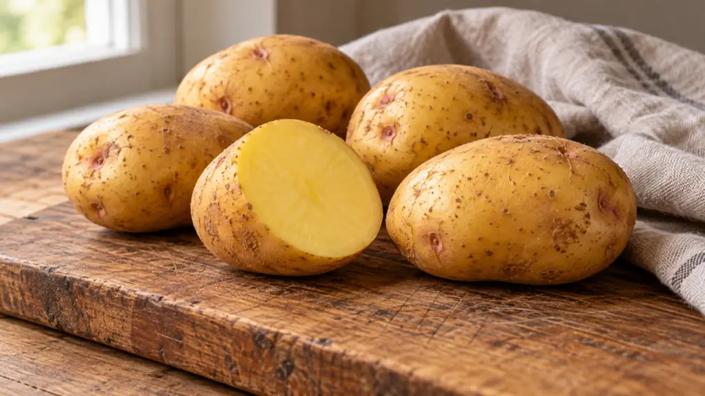 Whole Yukon Gold potatoes and a halved potato showing pale yellow flesh on a wooden board