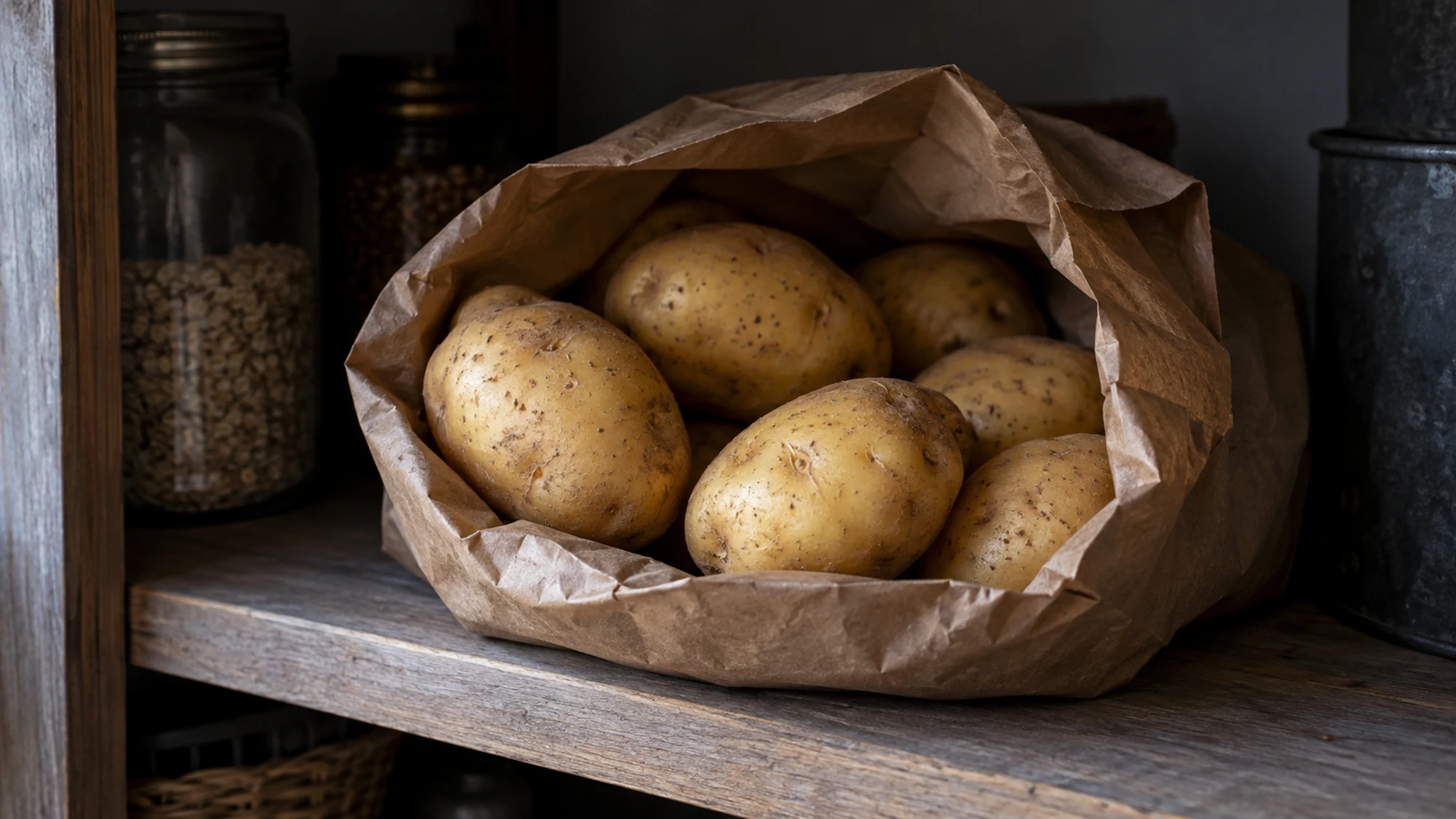 Sound Yukon Gold potatoes in an open paper bag on a shaded pantry shelf