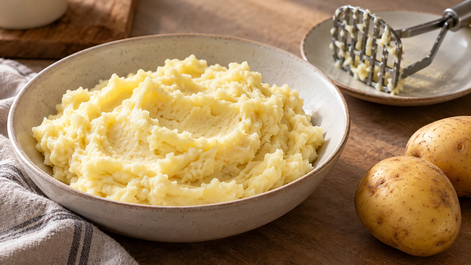 Pale yellow mashed Yukon Gold potatoes beside a potato masher and whole potatoes