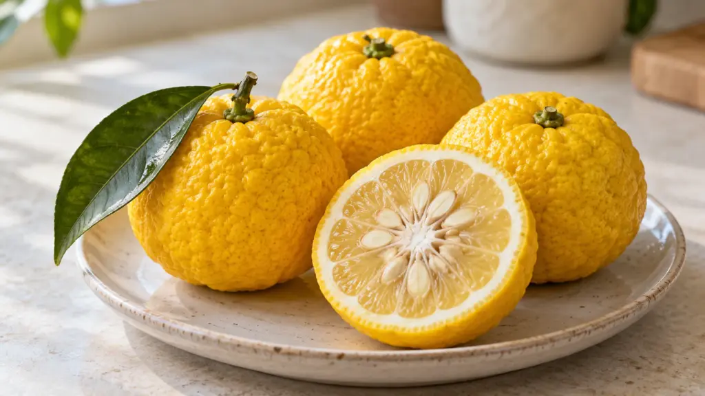 Yuzu fruit with a cut half showing pale flesh and seeds