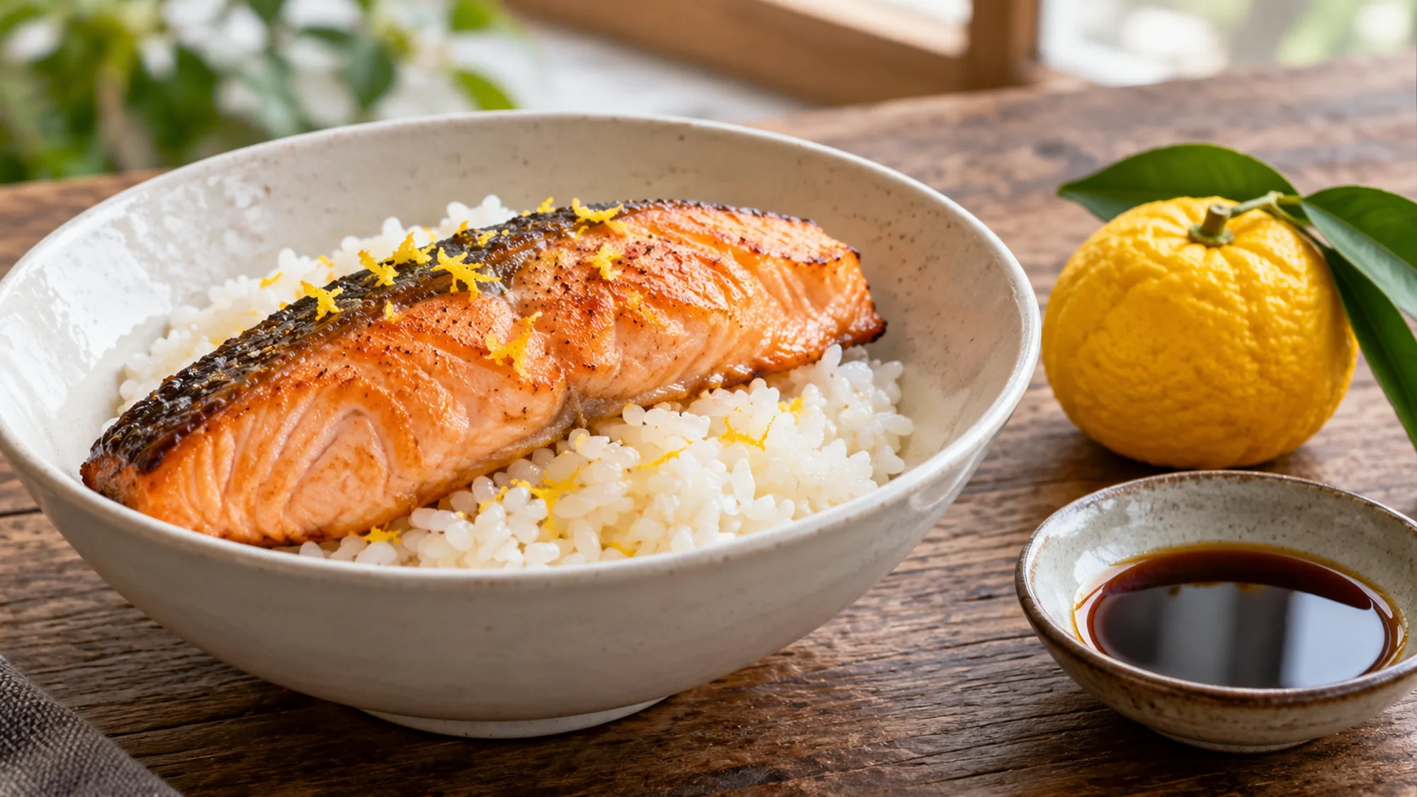 Cooked salmon and rice finished with yuzu zest