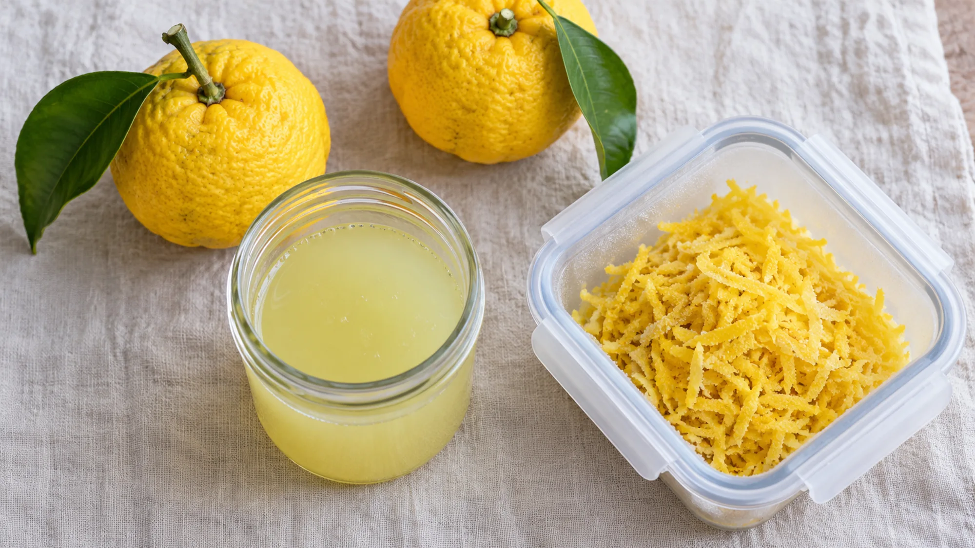 Yuzu juice and grated peel prepared for storage